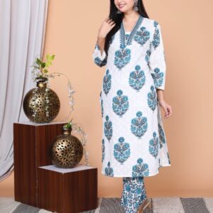 Floral Block Print Cotton Kurta Set – Blue & White | Daily Wear