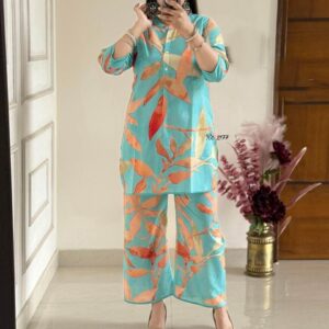 Elegant Aqua Green Leaf Print Kurti Set with Pants
