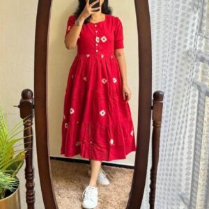 Red Cotton Midi Dress with White Diamond Print