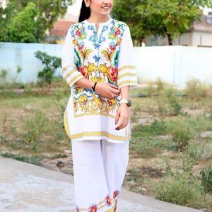 White Kurti Set with Multicolor Floral Embroidery & Dupatta