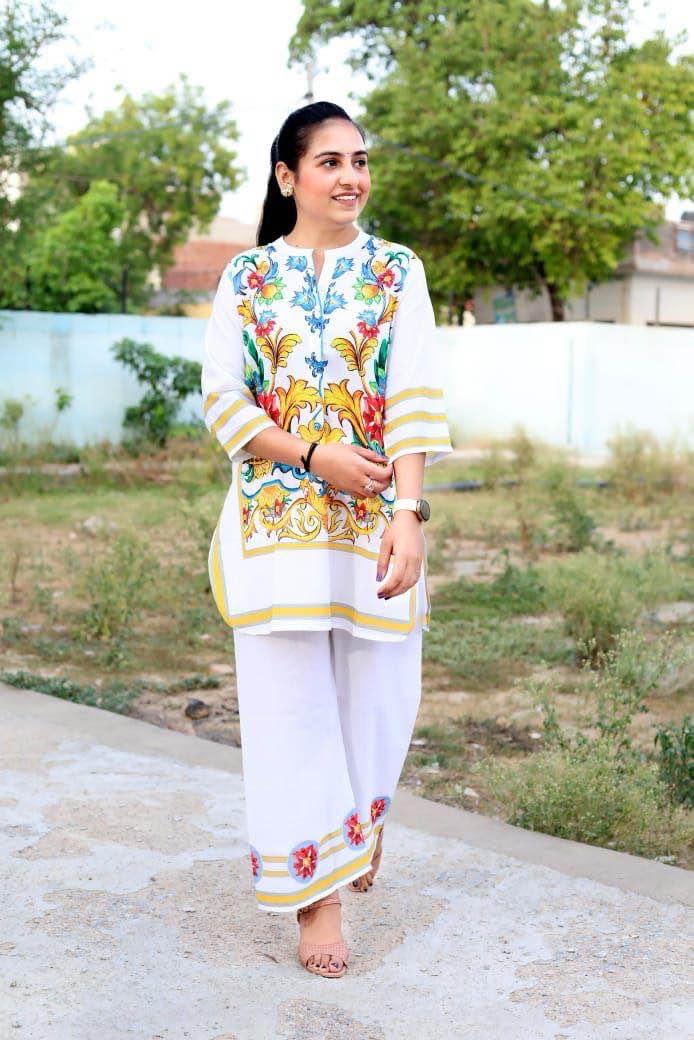 White Kurti Set with Multicolor Floral Embroidery & Dupatta