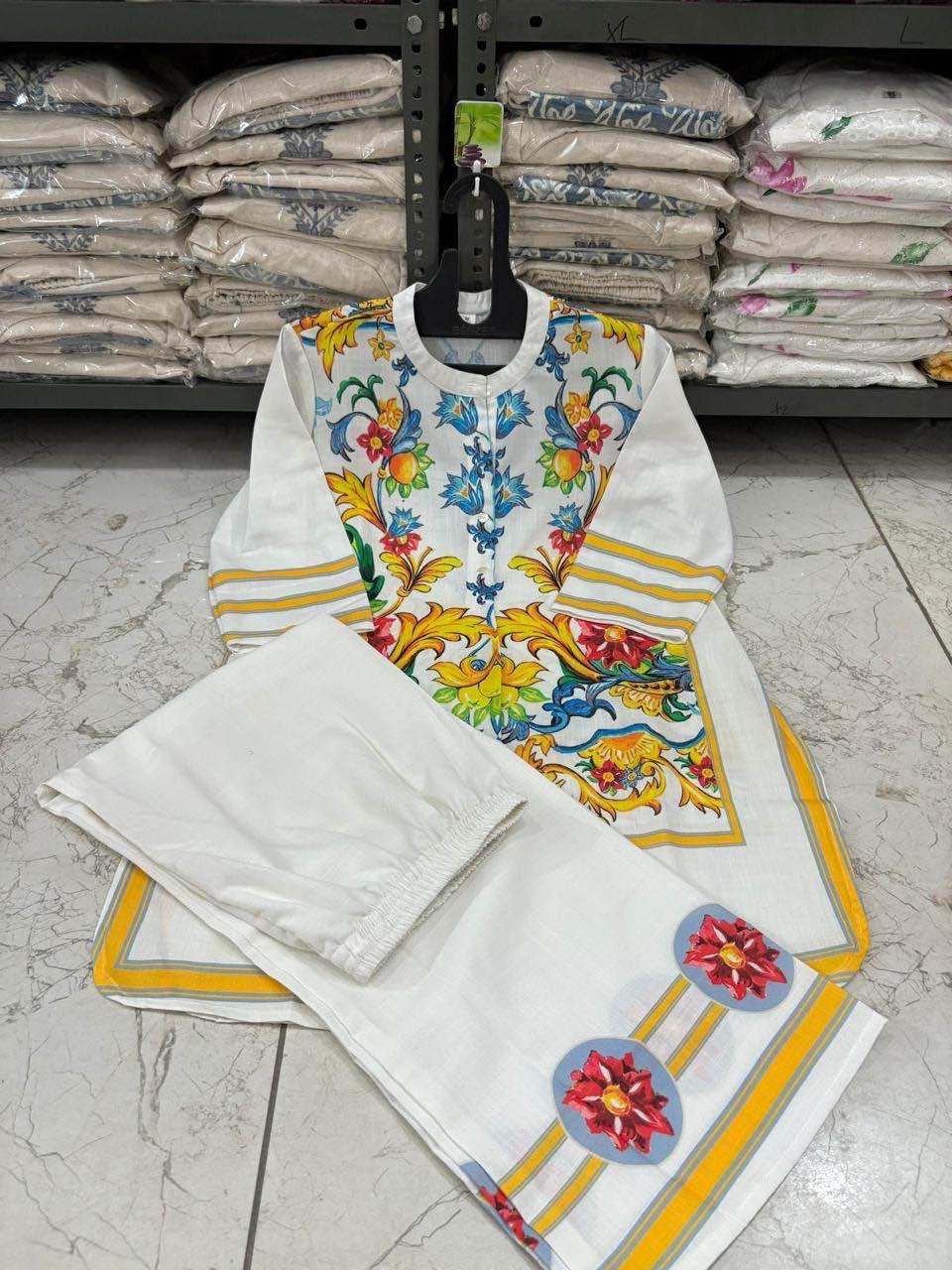 White Kurti Set with Multicolor Floral Embroidery & Dupatta - Image 2