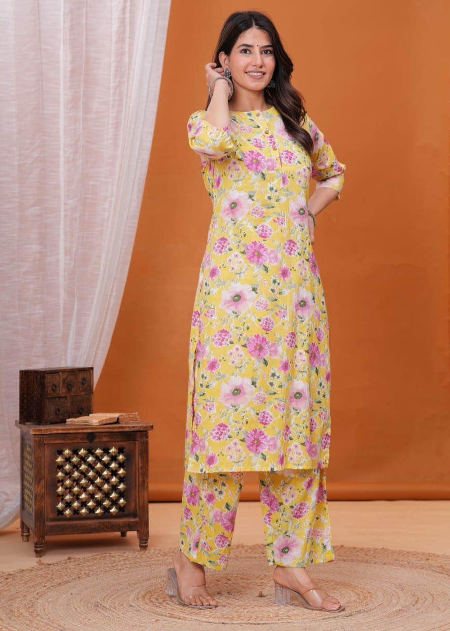 Women's Cotton Blend Printed Straight Kurta with Palazzo Set